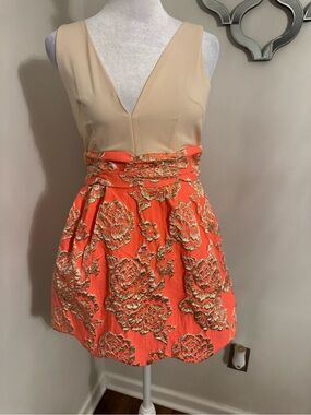 Luxxel Two-Tone V-Neck Dress in Beige and Coral with Gold Brocade